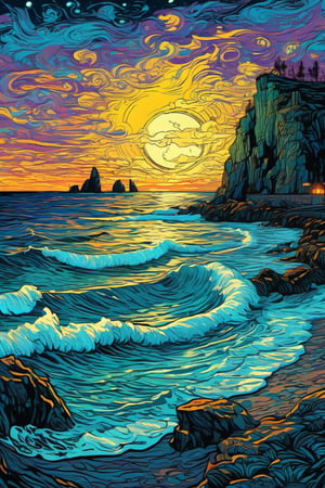 Full-body illustration,Centred vector art  , i ultra detailed mystical Beach at dusk With a cliff ,  Surrealism art style, , Well-defined black lines, 4k, hud, 35mm photorealistic, vincent van gogh style, intense dark colors , , black flat background Merging with image ,  Centred vector art, ,vector art illustration,,tshirt design,breakcore, ,Magical Fantasy style, ,greg rutkowski