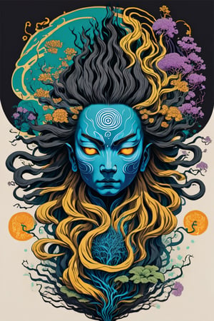 Leonardo Style, illustration,Centred vector art, high contrast, Well-defined black lines, A mystical being with hair as if they were floating roots and some blooming ,traditional Chinese style, intense dark colors , LSD trip style ,  Centred vector art, ,oni style