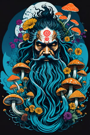 Leonardo Style, illustration,Centred vector art, high contrast, Well-defined black lines, A mystical being with hair as if they were floating roots and some blooming  flowers and mushrooms ,traditional Chinese style, intense dark colors , LSD trip style ,  Centred vector art, ,oni style