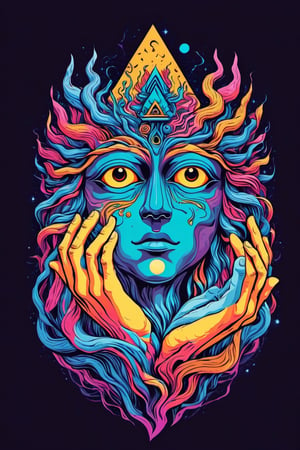 Leonardo Style, illustration,Centred vector art  , l A hand of a mystical creature touching another human's forehead to activate his pineal gland and open his third eye, Well-defined black lines, ,Kensuke Takahashi y style, intense  colors , Hallucinogenic lsd trip style , black flat background Merging with image ,  Centred vector art, ,vector art illustration,,tshirt design,vector art,pretopasin,abstract, ,breakcore ,traditional media
