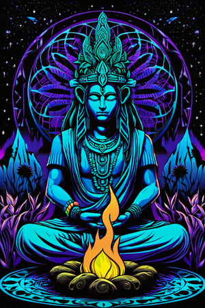 Full-body image, Leonardo Style, illustration,Centred vector art  , i ultra detailed A A mystical  magik jungle chaman Meditating in front of a magical campfire which shows the secrets of jungle, psichodelic art style, , Well-defined black lines, 4k, hud, 35mm photorealistic ,Kensuke Takahashi y style, intense dark colors , Hallucinogenic lsd trip style , black flat background Merging with image ,  Centred vector art, ,vector art illustration,,tshirt design,breakcore,breakcore ,Magical Fantasy style,