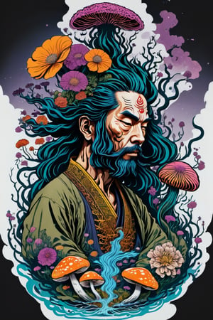 Leonardo Style, illustration,Centred vector art, high contrast, Well-defined black lines, A mystical being with hair as if they were floating roots and some blooming  flowers and mushrooms ,traditional Chinese style, intense dark colors , LSD trip style ,  Centred vector art, ,oni style