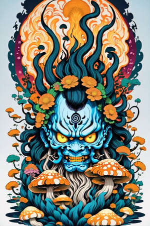 Leonardo Style, illustration,Centred vector art, high contrast, Well-defined black lines, A mystical oni being with hair as if they were floating roots and some blooming  flowers and mushrooms, trippy Optical illusion ,traditional japonese style, intense dark colors , LSD trip style ,  Centred vector art, ,oni style,Bluey Style,dfdd
