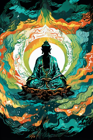 Leonardo Style, illustration,Centred vector art  , 
a mystical  Man Meditating Deeply And connecting with the source of divine wisdom in a   a galactic Metafísica Zen garden, traditional Chinese style , Well-defined black lines, ,Kensuke Takahashi y style, intense  colors , Hallucinogenic lsd trip style , black flat background Merging with image ,  Centred vector art, ,vector art illustration,,tshirt design,vector art,abstract, ,breakcore ,traditional media,more detail XL, style,concept,fantasy,magik,enhance,,comic book
