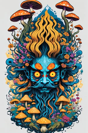 Leonardo Style, illustration,Centred vector art, high contrast, Well-defined black lines, A mystical being with hair as if they were floating roots and some blooming  flowers and mushrooms, trippy Optical effect,traditional Chinese style, intense dark colors , LSD trip style ,  Centred vector art, ,oni style