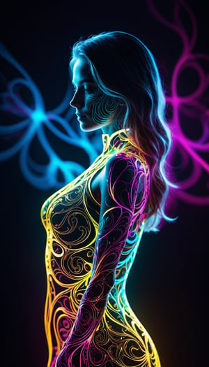 cinematic photo {thin, fine fractal glossy fluorescent colored ink sketch shiny contours outlines of a young female figure silhouette}, . 35mm photograph, film, bokeh, professional, 4k, highly detailed
