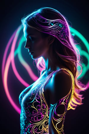 cinematic photo {thin, fine fractal glossy fluorescent colored ink sketch shiny contours outlines of a young female figure silhouette}, . 35mm photograph, film, bokeh, professional, 4k, highly detailed