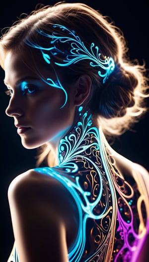 cinematic photo {thin, fine fractal glossy fluorescent colored ink sketch shiny contours outlines of a young female figure silhouette}, . 35mm photograph, film, bokeh, professional, 4k, highly detailed
