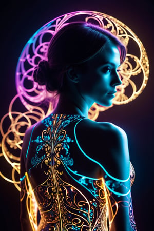 cinematic photo {thin, fine fractal glossy fluorescent colored ink sketch shiny contours outlines of a young female figure silhouette}, . 35mm photograph, film, bokeh, professional, 4k, highly detailed