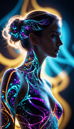 cinematic photo {thin, fine fractal glossy fluorescent colored ink sketch shiny contours outlines of a young female figure silhouette}, . 35mm photograph, film, bokeh, professional, 4k, highly detailed
