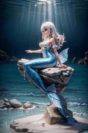Masterpiece. A gorgeous mermaid sitting graceful on a rock in the middle of the sea. The scene takes place outside. Beach. Ocean. Magic atmosphere. (((full body))).,