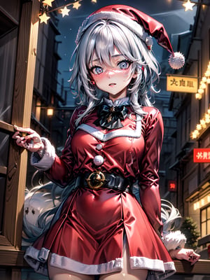 Christmas theme,raidenshogundef, Background with Christmas lights, santa dress,furina