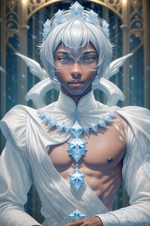 Medieval Macro Lens,  Hyper Realistic Portrate Insanely dETAILed Intricatly Detailed imagine a stunning, Beautiful HD, 8K Half body Photo of the Ice Emperor Winter Li, brown skin colour, cute white Freckles, diamond face shape, abs, beautiful grey iris colour macro Lens eyes, White anime-styled  Taper-hairstyle, godlike Emperor of Ice, Twink african american skintone, Skinpores, kingly 19 year old teenage handsome adorable young man, wearing Elegant Arabesque fantacy Emperor white Owl-themed Emperor Armour. standing in an elegant art-deco castle in the Winter. -- ,hair over eyes,perfecteyes,egyptian_bob_hairstyle