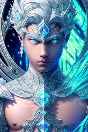 Medieval Macro Lens,  Hyper Realistic Portrate Insanely dETAILed Intricatly Detailed imagine a stunning, Beautiful HD, 8K Half body Photo of the Ice Emperor Winter Li, brown skin colour, cute white Freckles, diamond face shape, abs, beautiful silver/white iris colour macro Lens eyes, White anime-styled  Taper-hairstyle, godlike Emperor of Ice, Twink african american skintone, Skinpores, kingly 19 year old teenage handsome adorable young man, wearing Elegant Arabesque fantacy Emperor marble steel white Owl-themed Emperor Armour. standing in an elegant art-deco castle in the Winter. -- ,hair over eyes,perfecteyes,egyptian_bob_hairstyle,Realism