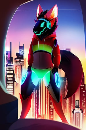 A futuristic protogen with a sleek metallic body wearing a vibrant, neon-colored hoodie. The hoodie features intricate circuit designs and glowing accents that match the protogen's luminescent eyes. The protogen stands confidently against a backdrop of a sprawling cyberpunk cityscape, with glowing holographic advertisements illuminating the scene. The composition emphasizes the protogen's dynamic pose, portraying a sense of curiosity and adventure. The lighting creates a dramatic contrast between the protogen's illuminated features and the atmospheric shadows.