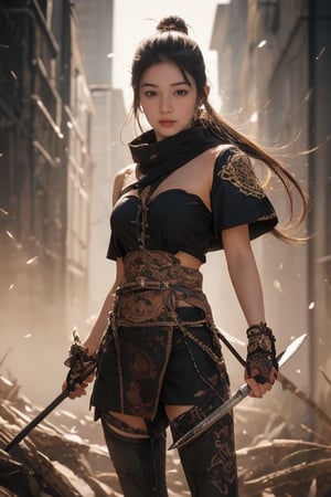 physically-based rendering, portrait, ultra-fine painting, extreme detail description, Akira Kurosawa's movie-style poster features a full-body shot of a super cute 18-year-old European-Japanese girl, embodying the Shinobi of Japan's Warring States Period, An enigmatic female kunoichi, clad in ninja armor , This striking depiction, seemingly bursting with unspoken power, illustrates a fierce and formidable female warrior in the midst of battle. The image, likely a detailed painting, showcases the intensity of the female ninja's gaze and the intricate craftsmanship of his armor. Each intricately depicted detail mesmerizes the viewer, immersing them in the extraordinary skill and artistry captured in this remarkable 