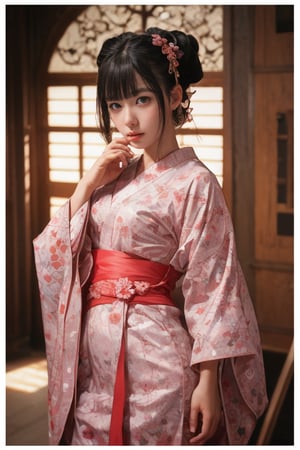 physically-based rendering, portrait, ultra-fine painting, extreme detail description, Akira Kurosawa's movie-style poster features a full-body shot of a super cute 18-year-old European-Japanese girl, embodying the princess of Japan's Warring States Period, An enigmatic female Ohimesama, dressed in sexy dropped kimono,This striking depiction, seemingly bursting with unspoken beauty, illustrates an elegant character. The image, likely a detailed painting, showcases the intensity of the female gaze. Each intricately depicted detail mesmerizes the viewer, immersing them in the extraordinary skill and artistry captured in this remarkable painting