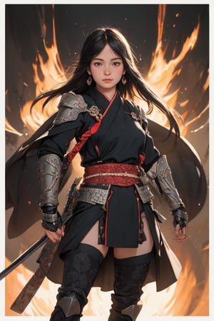 physically-based rendering, portrait, ultra-fine painting, extreme detail description, Akira Kurosawa's movie-style poster features a full-body shot of a super cute 18-year-old European-Japanese girl, embodying the Shinobi of Japan's Warring States Period, An enigmatic female kunoichi, clad in ninja armor , This striking depiction, seemingly bursting with unspoken power, illustrates a fierce and formidable female warrior in the midst of battle. The image, likely a detailed painting, showcases the intensity of the female ninja's gaze and the intricate craftsmanship of his armor. Each intricately depicted detail mesmerizes the viewer, immersing them in the extraordinary skill and artistry captured in this remarkable 