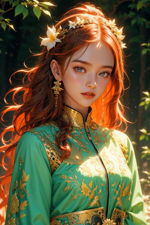 2.5D drawing, sexy 18 year old girl wearing goddess of the forest clothing, ginger hair with flower decoration, pantone clothes, magical forest, lightshow, (visual art, abstract:1.2), fantasy, (photorealistic:1.3), (intricate details:1.5), shallow depth of field, bokeh, Digital illustration, Fantasy
,AgoonGirl,1 girl,r1ge