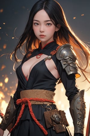 physically-based rendering, portrait, ultra-fine painting, extreme detail description, Akira Kurosawa's movie-style poster features a full-body shot of a super cute 18-year-old European-Japanese girl, embodying the Shinobi of Japan's Warring States Period, An enigmatic female kunoichi, clad in ninja armor , This striking depiction, seemingly bursting with unspoken power, illustrates a fierce and formidable female warrior in the midst of battle. The image, likely a detailed painting, showcases the intensity of the female ninja's gaze and the intricate craftsmanship of his armor. Each intricately depicted detail mesmerizes the viewer, immersing them in the extraordinary skill and artistry captured in this remarkable 