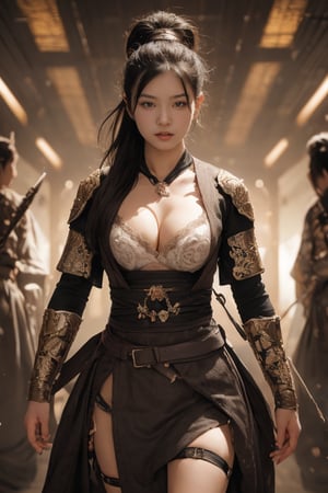 physically-based rendering, portrait, ultra-fine painting, extreme detail description, Akira Kurosawa's movie-style poster features a full-body shot of a super cute 18-year-old European-Japanese girl, embodying the Shinobi of Japan's Warring States Period, An enigmatic female kunoichi, clad in ninja armor , This striking depiction, seemingly bursting with unspoken power, illustrates a fierce and formidable female warrior in the midst of battle. The image, likely a detailed painting, showcases the intensity of the female ninja's gaze and the intricate craftsmanship of his armor. Each intricately depicted detail mesmerizes the viewer, immersing them in the extraordinary skill and artistry captured in this remarkable 