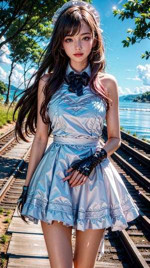 (masterpiece:1.2, best quality:1.2), (ultra detailed), (realistic), pink_hair, beautiful, high quality, highres:1.1, aesthetic), a girl walking on a ((railroad track)), arms open and smiling, The railroad track is on the water, with the  horizon in the distance, There is no land, The sky is reflected water's surface, She wearing a white summer dress, white thunderclouds floating deep blue sky, lens flare, ray tracing, photo quality, high contrast summer scene,	 SILHOUETTE LIGHT PARTICLES,asunadef