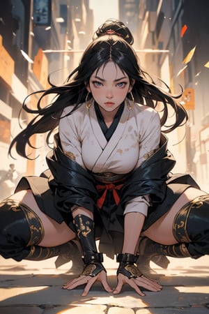 physically-based rendering, portrait, ultra-fine painting, extreme detail description, Akira Kurosawa's movie-style poster features a full-body shot of a super cute 18-year-old European-Japanese girl, embodying the Shinobi of Japan's Warring States Period, An enigmatic female kunoichi, clad in ninja armor , This striking depiction, seemingly bursting with unspoken power, illustrates a fierce and formidable female warrior in the midst of battle. The image, likely a detailed painting, showcases the intensity of the female ninja's gaze and the intricate craftsmanship of his armor. Each intricately depicted detail mesmerizes the viewer, immersing them in the extraordinary skill and artistry captured in this remarkable 