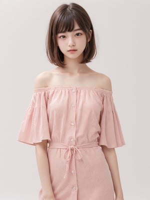 1girl, (age 13-16:1.4), gorgeous, (dynamic pose:0.8),studio lighting, white background, japanese teen top model, bang, hime haircut, heterochromia, pastel off-shoulder dress,