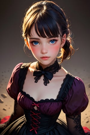 super detailed, Blunt bangs, pony tail, Raw photo, Insanely detailed and intricately realistic, Cinematic lighting, depth of fields,Realistic face,Visible skin pores,with an intricate,originality,imagination,stylish portrait photography art,cute victorian lolita fashion,skinny,beautiful girl,looking to viewer,from above the head,