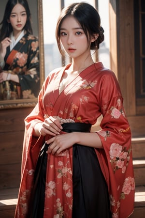 physically-based rendering, portrait, ultra-fine painting, extreme detail description, Akira Kurosawa's movie-style poster features a full-body shot of a super cute 18-year-old European-Japanese girl, embodying the princess of Japan's Warring States Period, An enigmatic female Ohimesama, dressed in sexy dropped kimono,This striking depiction, seemingly bursting with unspoken beauty, illustrates an elegant character. The image, likely a detailed painting, showcases the intensity of the female gaze. Each intricately depicted detail mesmerizes the viewer, immersing them in the extraordinary skill and artistry captured in this remarkable painting