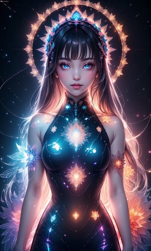 (masterpiece),(best quality), 

1girl, solo, long hair, looking at viewer, closed mouth, upper body, white hair, blunt bangs, lips, portrait, 

hologram swimsuit,portrait,(dress hologram:1.2), bioluminescent liquid,goddess_advent