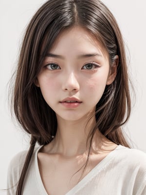 1girl, portrait, (age 13-16:1.4), gorgeous, (dynamic pose:0.8),studio lighting, white background, thai-japanese teen top model, bang, curly long hair, heterochromia, stewarddess uniform