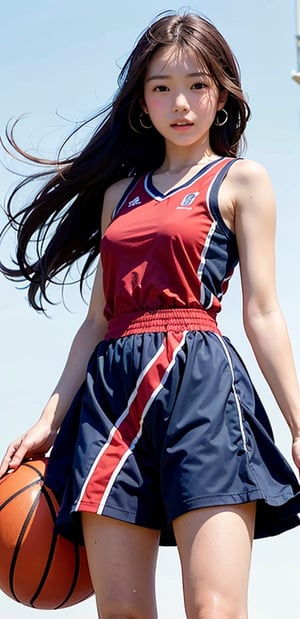 1 French-Japanese girl, standing, from below, small breasts, looking at viewer, blue eyes, brown hair, twinbraids, two-tone  basketball outfit, white background,stadium,wind blown,Detailedface,Extremely Realistic