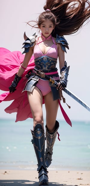 1 French-Japanese  girl, full body, small breasts, looking at viewer, blue eyes, brown hair, flower in ear, holding, standing, black and pink fantasy paladin armor,white background,tropical island beach,black and pink samurai armor,running, wind blown, holding a sword,weapon,r1ge