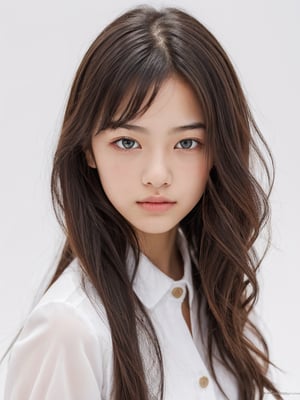 1girl, portrait, (age 13-16:1.4), gorgeous, (dynamic pose:0.8),studio lighting, white background, thai-japanese teen top model, bang, curly long hair, heterochromia, stewarddess uniform