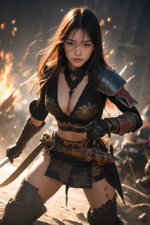 physically-based rendering, portrait, ultra-fine painting, extreme detail description, Akira Kurosawa's movie-style poster features a full-body shot of a super cute 18-year-old European-Japanese girl, embodying the Shinobi of Japan's Warring States Period, An enigmatic female kunoichi, clad in ninja armor , This striking depiction, seemingly bursting with unspoken power, illustrates a fierce and formidable female warrior in the midst of battle. The image, likely a detailed painting, showcases the intensity of the female ninja's gaze and the intricate craftsmanship of his armor. Each intricately depicted detail mesmerizes the viewer, immersing them in the extraordinary skill and artistry captured in this remarkable 