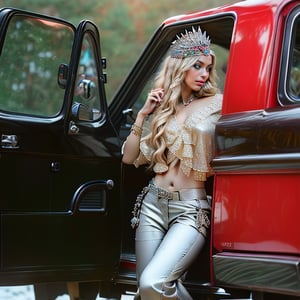 Best quality, masterpiece, sitting posing open door of truck, wearing a jeweled crown on head, beautiful, Long blonde wavy, wearing a crown, jewels, in a jacket, bandeau top and cargo pants, made of jewels, in the style of artgerm, dark cyan and light bronze, soft and dreamy depictions, realistic lighting, tattoo, uhd image, tanya shatseva, realistic, sfumato, vray, meticulous detailing, cowboy shot, dancer poses 