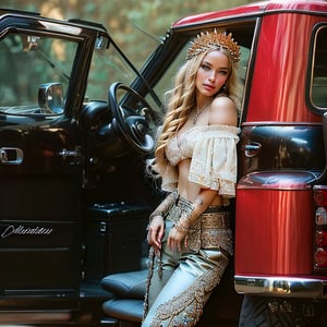 Best quality, masterpiece, sitting posing open door of truck, wearing a jeweled crown on head, beautiful, Long blonde wavy, wearing a crown, jewels, in a jacket, bandeau top and cargo pants, made of jewels, in the style of artgerm, dark cyan and light bronze, soft and dreamy depictions, realistic lighting, tattoo, uhd image, tanya shatseva, realistic, sfumato, vray, meticulous detailing, cowboy shot, dancer poses 