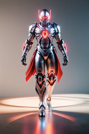 full_body_portrait, front_view, masterpiece, best quality, photorealistic, raw photo, (1 man, looking at viewer), long white hair, mechanical white armor, intricate armor, delicate blue filigree, intricate filigree, red metalic parts, detailed part, dynamic pose, detailed background, dynamic lighting,Detailedface,Mecha,redneonstyle, glowing, red theme