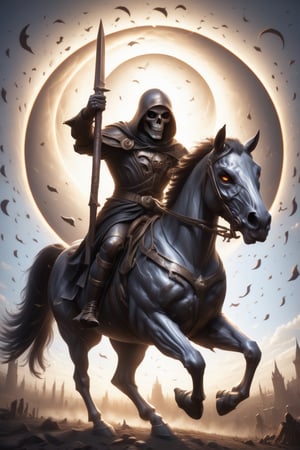 //quality
(((masterpiece))),best quality, full body portrait, solo horseman, grim reaper, skeletal, lich, deadman,
//Character
masterpiece, skeletal grinning face, (((grim reaper on a flying_horse))), (riding through the sky), , (((flying))), wearing rusted metal armor,  scraming, ((brightly glowing eyes)), riding a dead horse with rusty metal barding,
//Fashion
black cloak, rusted armor, (((no helmet))), hand held energy cannon, 
//Background 
(((total solar eclipse))), distant mountains, distant ruined modern city, daytime sky,EpicSky,zkeleton,weapon over shoulder,more detail XL,realistic,armor