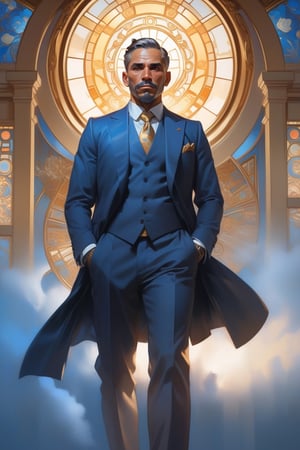 A fantastic painting of a man in a suit, by Greg Rutkowski and Alphonse Mucha. Trending on Artstation, 8k HD wallpaperj GTA 5 cover, official media, beautiful, very beautiful, detailed, high quality, wallpaper 4K, epic, trending on artstation and behance, dynamic lightning, intricate details, energetic composition, golden ratio, concept ,Color Booster