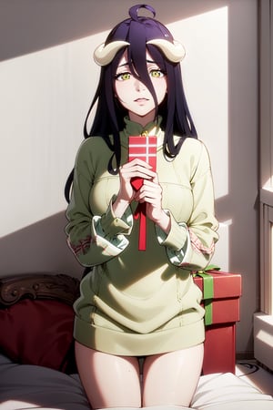 A professional image of Albedo opening a gift on cridtmas morning, angelic beauty, brunette hair, stunning hazel eyes, ugly christmas sweater, christmas outfit, dimples, cozy room, christmas decorations, shadow play, soft lighting, Detailedface,Detailedface,photorealistic,Extremely Realistic,realhands,albedo