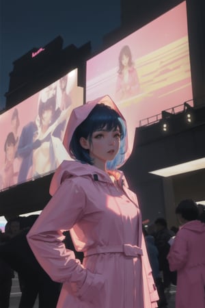 Ultra-high resolution, cinematic lighting,Woman wearing pink raincoat in Times Square,xxmix_girl,more detail XL, blue medium hair, mexican