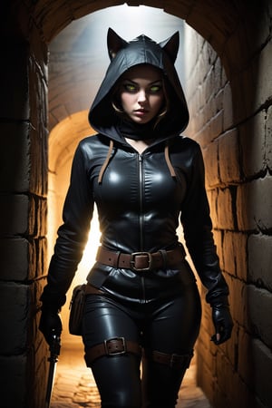 (((masterpiece))),best quality, illustration, beautiful cat-girl spy, dressed for stealth, sneaking down a dark lightless catacomb, low to the ground, in shadows, stalking, a soft glow from from her irises, whites of her eyes clear, her black hooded stealth suit is very tight against her skin giving an impression of  the curves and details of her body, she is wearing a belt with pouches, {two daggers sheathed on her belt}. the hood has holes for her cat ears to poke through. very low light, dark shadows, darkness 