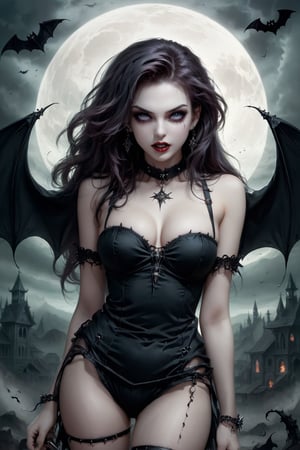 horror punk, Official Art, Unity 8K Wallpaper, Super Detailed, Beautiful and Aesthetic, Masterpiece, Top Quality, uncanny valley, vampiress, blowing wavy wild hair, perfect eyes, perfect face, perfect mouth, perfect teeth, perfect fangs, perfect hands, perfect fingers, flirtatious, pure evil, evil smile, wicked expression, sexy, sinister, widow maker, dark tatoos, witchcraft theme background, full body shot,  by Luis Royo, More Reasonable Details