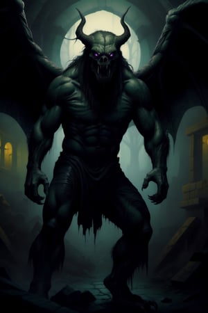 //quality
(((masterpiece))),best quality, full body portrait, solo character, vulturelike monster beast, terrifiying, menancing,  horror, scary,
//Character
masterpiece, masculine Demonic beast, bestial , winged, animalistic, ((onyx skin)), (glowing violet eyes), elongated limbs evil, claws, fangs, murderous,  looking down at viewer, menacing pose, about to attack, detailed hands
//Fashion
nude
//Background 
a dark, dungeon, ruin, torchlight, crypt, a on black canvas in the style of guillem h. pongiluppi, abigail larson, ominous landscapes, john sloane ,yennefer ,YeiyeiArt,realhands,Style_SM