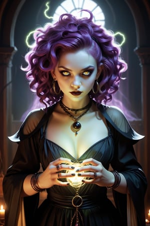 professional quality illustration, Horror punk, bio punk, Professional quality, masterpiece, (by Loish, Leyendecker, james gilleard), perfect anatomy, medieva witch human woman, cute face, long curly hair, goth style, many rings, many necklaces, perfect hands, perfect fingers, dark fingernails, glowing hands, ((glowing electricity around her hands)), glowing eyes, dynamic pose, ((spell casting pose)), dynamic lighting, harsh shadows, horror theme, detailed and scary dark haunted house interior background, full body shot, more detail XL,