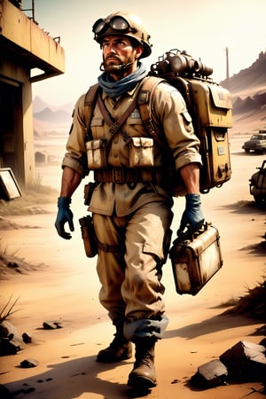 (((masterpiece))),best quality, illustration, Picture a rugged post-apocalyptic survivor, reminiscent of a 1950's milkman, navigating a harsh wasteland. Dressed in a modified milkman uniform, complete with a utility belt and protective gear, this warrior carries hope and determination in a world gone awry, blending vintage charm with survival instincts, highly detailed