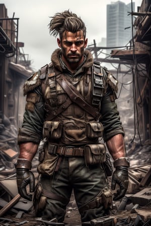 (((masterpiece))),best quality, illustration, Picture a rugged post-apocalyptic survivor, reminiscent of a 1950's milkman, navigating a harsh wasteland. Dressed in a modified new milkman uniform, complete with a utility belt and protective gear, this warrior carries hope and determination in a world gone awry, blending vintage charm with survival instincts, highly detailed,post-apocalypic_fashion,Epic Poses,shelter,xs-wasteland-style