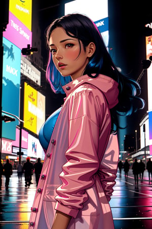 Ultra-high resolution, cinematic lighting,Woman wearing pink raincoat in Times Square,xxmix_girl,more detail XL, blue medium hair, mexican